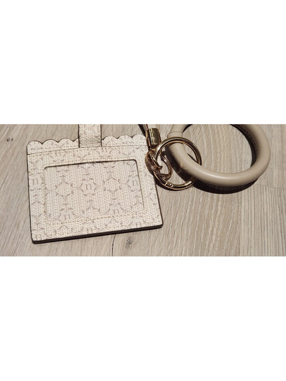 Nanette Lepore Beige Monogram Card Holder Keychain with Tassel Ring - Picture 2 of 5